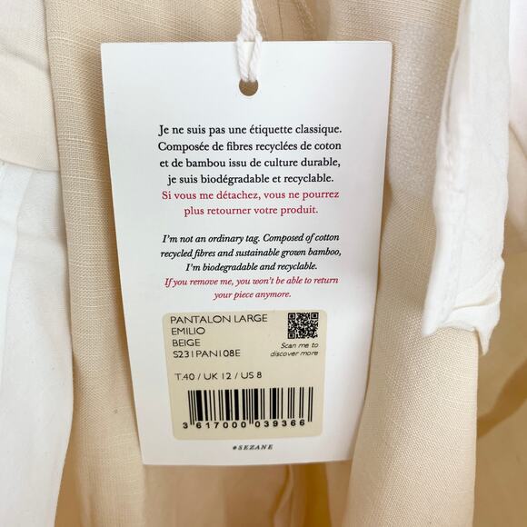 NWT Sezane Emilio Mid Rise Straight Wide Leg Cropped Trouser Pant Beige Size 8 - Picture 7 of 8